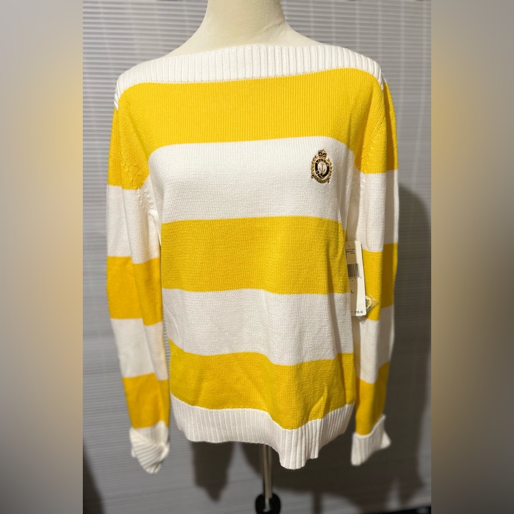 NWT Lauren Ralph Lauren Crest Logo Knit Sweater Yellow/White Stripe size L